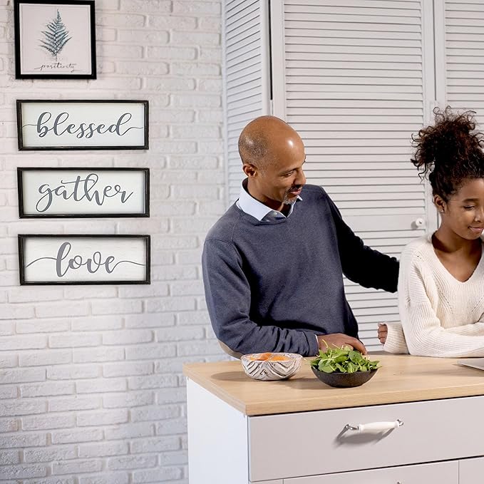 Gather Sign for Home Decor in Grey - Farmhouse Kitchen Dining Room Wall Decor - Rustic Wall Decoration Solid Wood Thick Black Frame 12x5 Inches-HomvellaHome