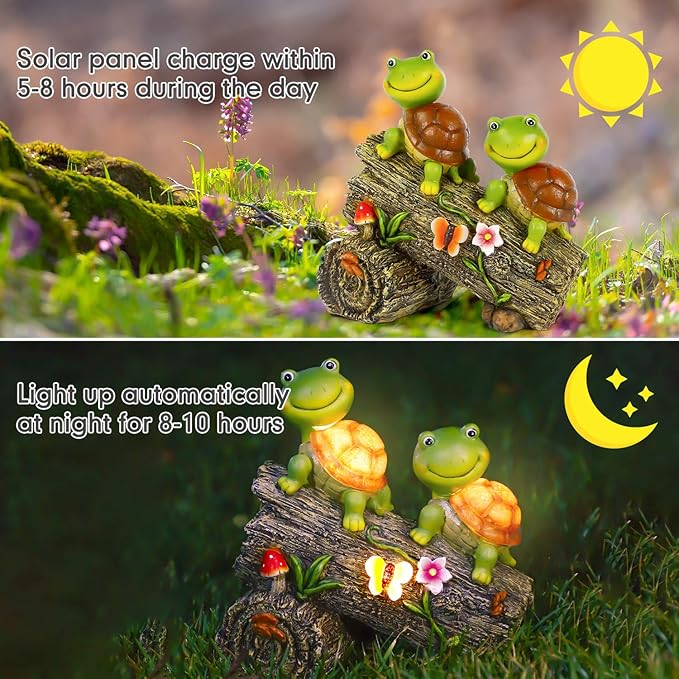 Garden Turtle Figurines Outdoor Decorations, Solar Powered Sweet Frog Face Turtles Resin Statue with 4 LED Lights, Garden Art Spring Fall Winter Christmas Decor for Patio Lawn Yard-HomvellaHome