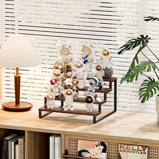 Giikin 4 Tier Spice Rack, Wooden Spice Rack for Countertop, Kitchen Counter Storage Shelves Cupcake Stand Holder Display Stand, Rustic Brown-HomvellaHome