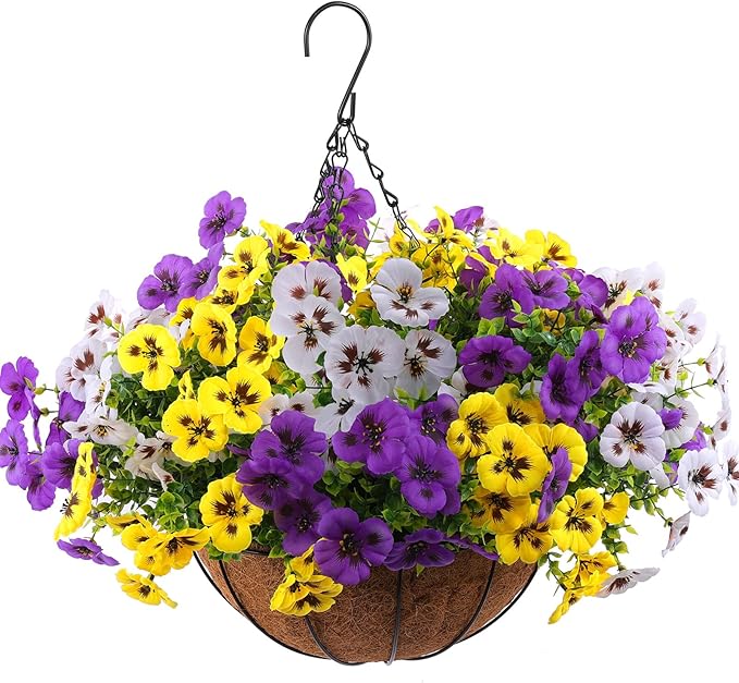 18 Bundles Artificial Fake Pansy Flowers for Outdoor, Faux UV Resistant Silk Pansies Flowers for Outside Planter Front Door Porch Yard Patio Window Box Home Decor (18, Purple, Yellow, White)-HomvellaHome