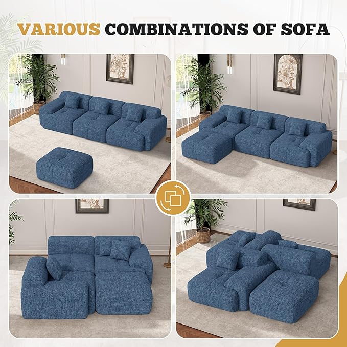122" Modern L Shaped Modular Sectional Sofa, Boneless Couches for Living Room with Ottoman,4 Seater Convertible Chenille Cloud Couch Sofa Set, No Assembly Required, Blue 1 PCS-HomvellaHome