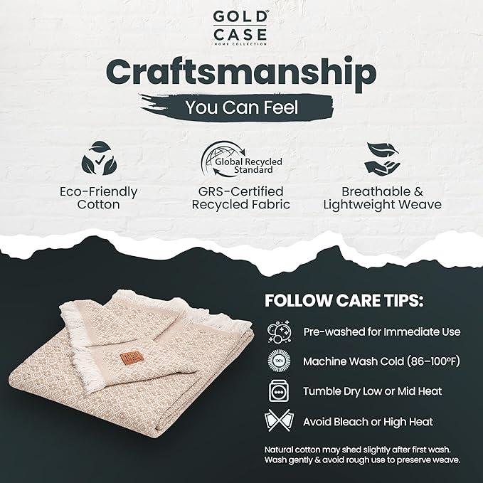 Gold Case Throw Blanket for Couch – 100% Recycled Turkish Cotton Blankets & Throws – Elegant Decorative Throw Blankets for Living Room Sofa – Woven Throws for Couch – Retro Beige – 50x60-HomvellaHome