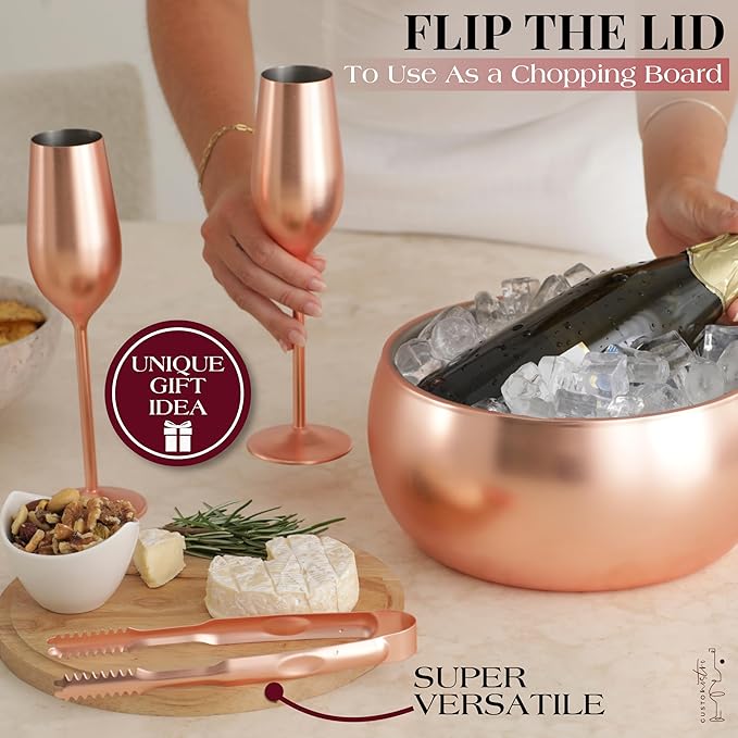 Gusto Nostro 4.1L Insulated Ice Bucket with Lid and Tongs, Double Wall Stainless Steel Ice Bucket Large, BPA Free Ice Bucket for Cocktail Bar, Keeps Champagne, Wine, Beer Chill for Parties (Rose)-HomvellaHome