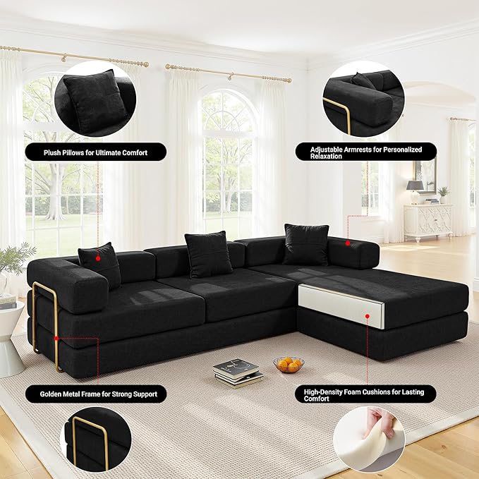 108" Oversized Convertible Sleeper Sofa Bed, Corduroy L Shape Sectional Couch, Folding Sofa Bed with Side Pocket, Modern Cloud Floor Mattress Couch, Modular Sofa for Living Room, Black-HomvellaHome