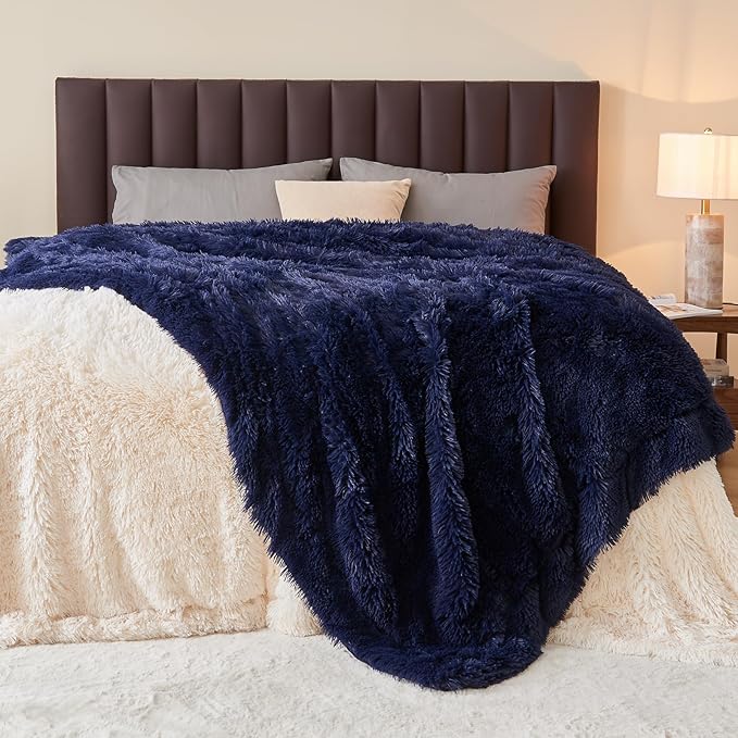 GONAAP Fuzzy Faux Fur Throw Blanket Dark Navy Super Soft Cozy Plush Fuzzy Shaggy Blanket for Couch Sofa Bed (Dark Navy, Throw(50"x60"))-HomvellaHome