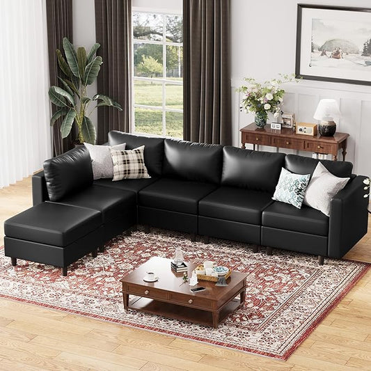 118.5" Faux Leather Modular Sectional Sofa, L Shaped Couch Set for Living Room, 6-Seater Comfy Cloud Couches with Movable Storage Ottoman Black-HomvellaHome