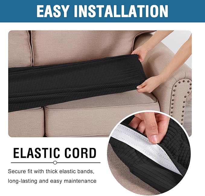 H.VERSAILTEX Super Stretch Individual Seat Cushion Covers Sofa Covers Couch Cushion Covers Slipcover Sets Thick Jacquard Textured Twill Fabric (1 Piece Chair Cushion Cover, Black)-HomvellaHome