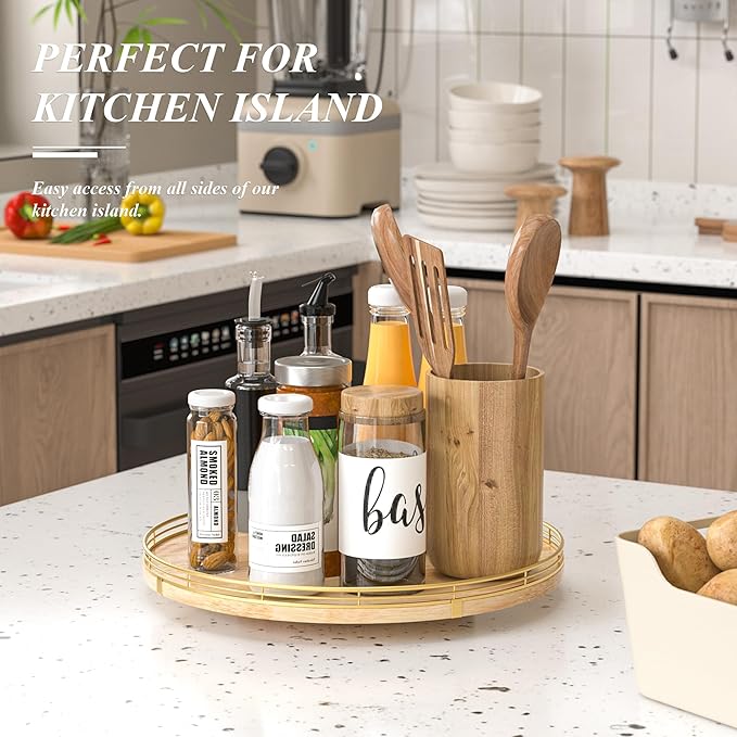 16 Inch Rustic Lazy Susan Turntable – Solid Oak & Iron Wood Rotating Tray for Dining Table, Kitchen Counter, Coffee Table – Farmhouse Style Large Wooden Lazy Susan Organizer for Home Décor-HomvellaHome