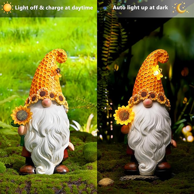 Garden Gnomes Outdoor - Sunflower Gnome Statue with Solar LED Lights for Yard, Patio, Lawn Ornaments - Best Garden Gifts for Mothers Day, Housewarming, Festival-HomvellaHome