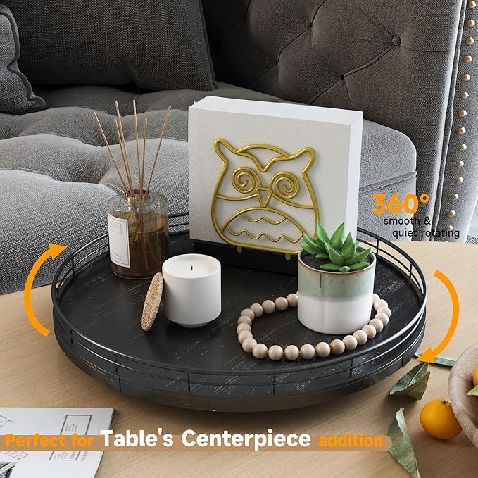 13" Oak Bathroom Vanity Tray Turntable for Perfume Candle, Round Wooden Decorative Tray for Kitchen Sink Countertop Organizer, Bathroom Counter Organizer for Skincare Makeup, Farmhouse Black Gold-HomvellaHome