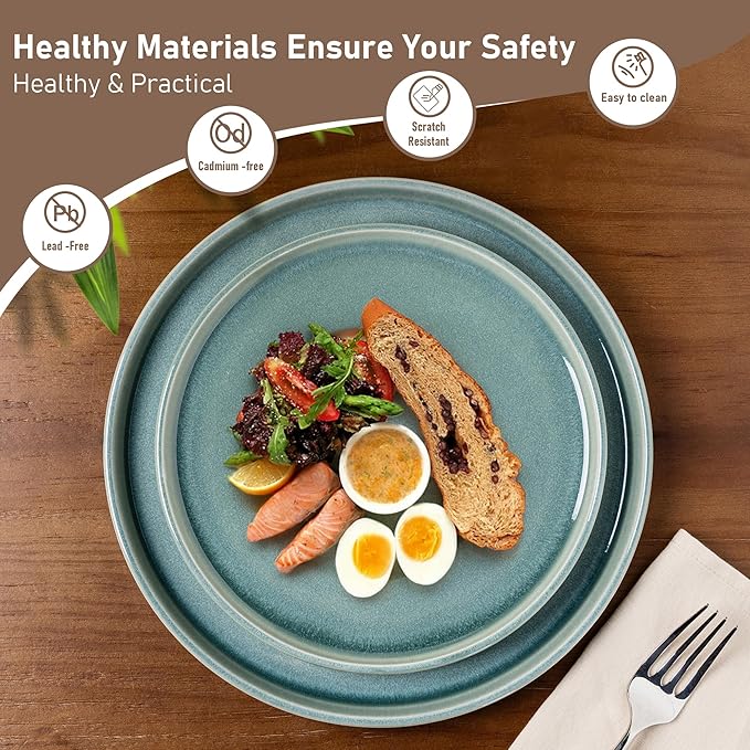 GBHOME Ceramic Dinnerware Sets for 4, 12 Pieces Stoneware Plates and Bowls Sets, Scratch Resistant Dishes, Dishwasher & Microwave Safe, Reactive Glaze-Malachite Green-HomvellaHome