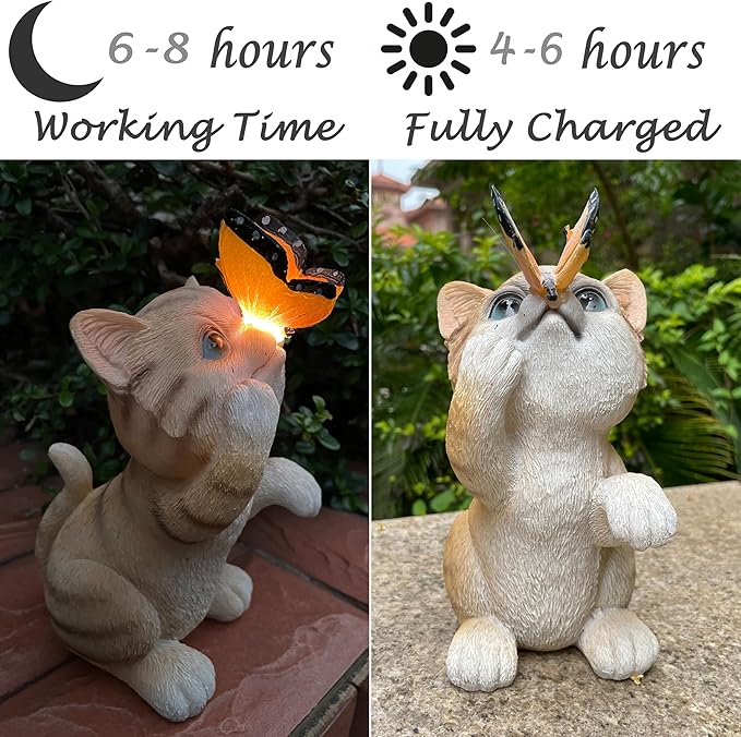 Garden Decor Solar Cat Figurines Cat Lover Gifts with LED Butterfly Lights for Indoor Outdoor Decor for Yard Garden Patio Decor Gifts for Women Grandma Mother's Day Birthday-HomvellaHome