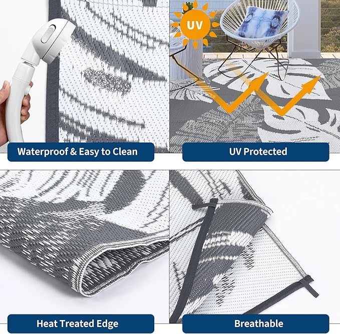 GAOMON Waterproof Outdoor Rug 8x10 Reversible Outdoor Plastic Straw Rug Modern Patio Carpet, Foldable Lightweight RV Camping Mat with Portable Bag & 4 Stakes, UV Resistant & Sturdy for Picnic, Grey-HomvellaHome