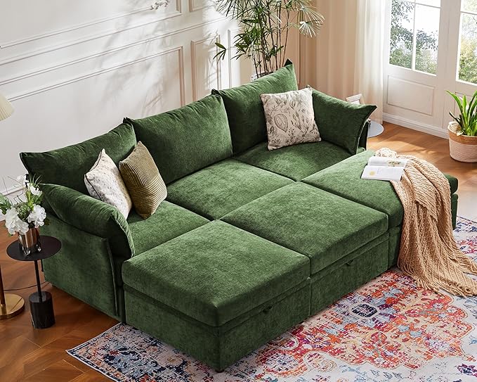 102.6" Luxury Modular Sleeper Sofa Bed 6 Seat Reversible Sectional Couch Deep Seat with Storage Chaises Removable Cover for Living Room, Apartment - Chenille Green-HomvellaHome