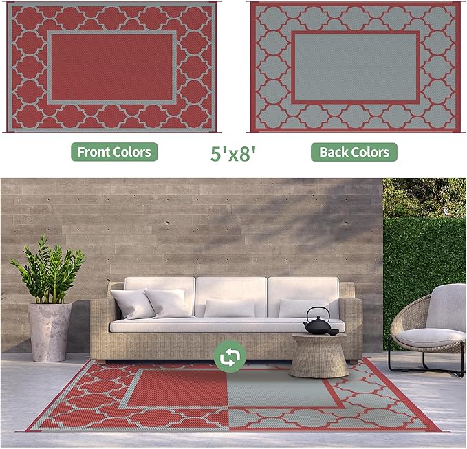 GENIMO 5' x 8' Outdoor Rug Waterproof for Patio Decor, Foldable Reversible Plastic Straw Area Rugs Mat for Camper, Outside Carpet for Rv, Deck, Porch, Picnic, Beach, Balcony, Red & Grey-HomvellaHome