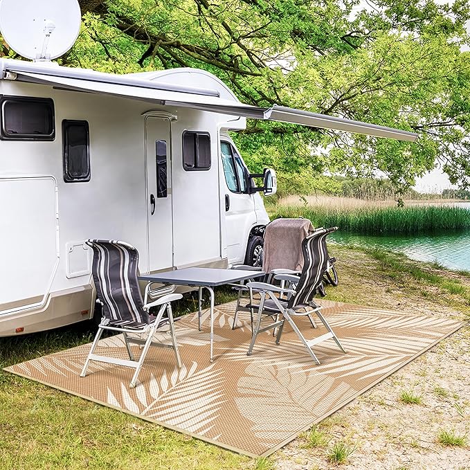 GENIMO Outdoor Rug 9' x 12' Waterproof for Patios Clearance, Reversible Outdoor Plastic Straw Camping Rug Carpet, Large Area Rugs Mats for RV, Camper, Deck, Balcony, Porch, Beach, Picnic, Brown&Beige-HomvellaHome