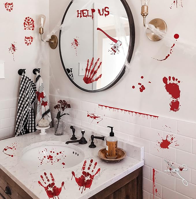 173PCS Halloween Bloody Footprints Floor Clings Plus Tattoos - Hallowmas Handprint Zombie Restroom Sign Decals Party Decorations-HomvellaHome