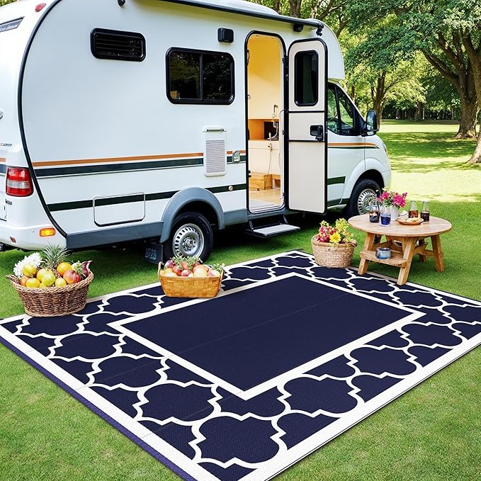 GENIMO Outdoor Rug Waterproof for Patio Decor, 8'x10' Reversible Plastic Straw Rug Carpet, Camping Mats for Outdoor, RV, Backyard, Deck, Balcony, Picnic, Blue & White-HomvellaHome