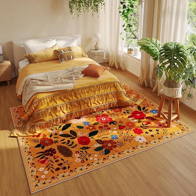 Living Room Rug 5x7 Rug Machine Washable Boho Area Rug Non Slip Floral Vintage Low Pile Large Rugs for Living Room, Bedroom, Farmhouse, Dining Room, Kids Playroom(Yellow)-HomvellaHome