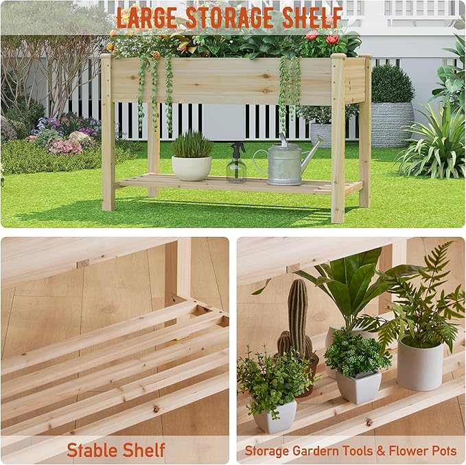 GHWIE Raised Garden Bed with Shelf,Elevated Wooden Planter Box with Legs,Garden Planter for Backyard, Patio, Balcony,200lb Capacity - Natural-HomvellaHome