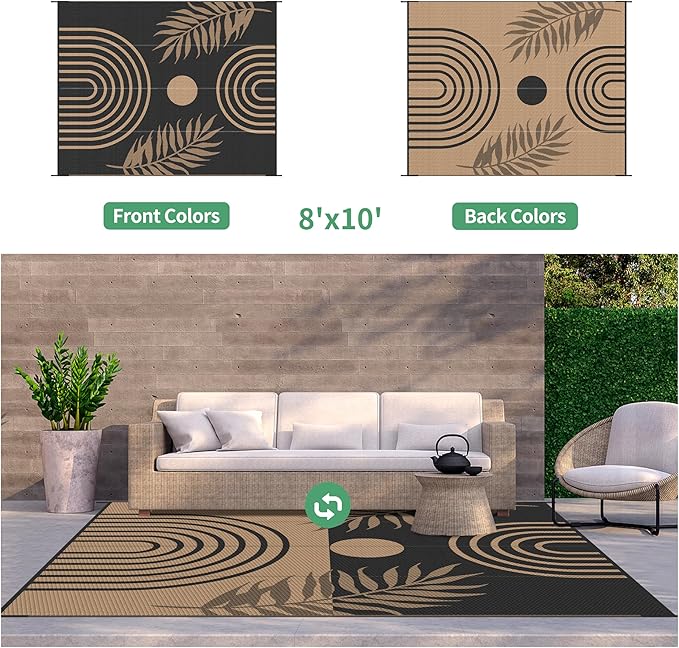 GENIMO Outdoor Rug 8' x 10' Waterproof for Patio Clearance, Reversible Lightweight Plastic Straw Camping Carpet, Large Area Rugs Mats for Rv, Backyard, Deck, Porch, Picnic, Balcony, Mix-Black & Brown-HomvellaHome