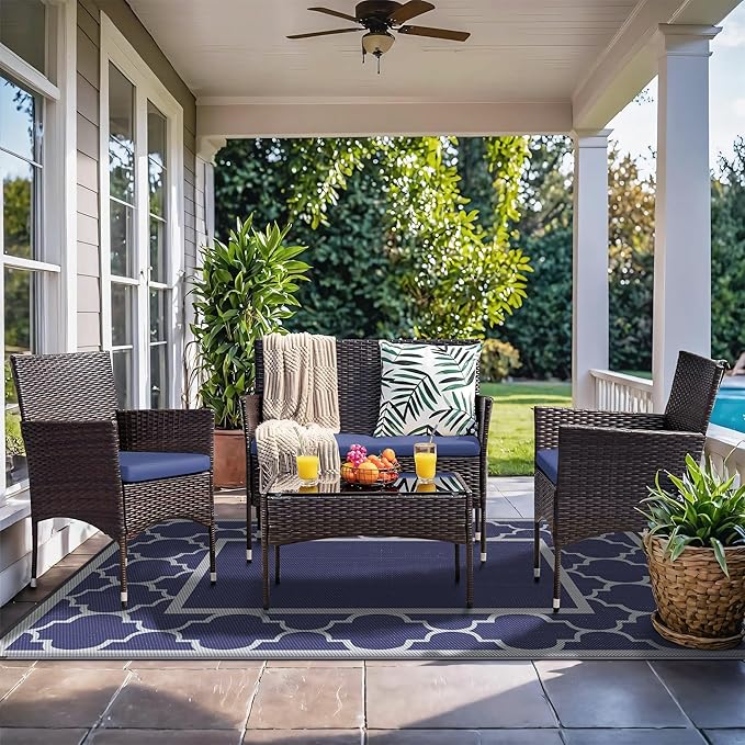 GENIMO 4 ' x 6 ' Outdoor Rug for Patio Clearance, Waterproof Indoor Outdoor Plastic Straw Rugs Carpet, Reversible Outside Area Rv Mat for Camping, Balcony Porch, Deck, Picnic, Beach (Blue & Gray)-HomvellaHome