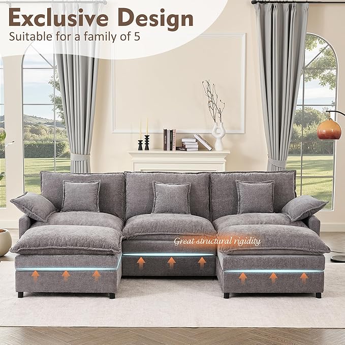 108" U Shaped Couch, Modular Sectional Sofa, 3-Seater Comfy Cloud Couch with Movable Ottoman, Deep Seat Couches for Living Room, Chenille, Slate-HomvellaHome