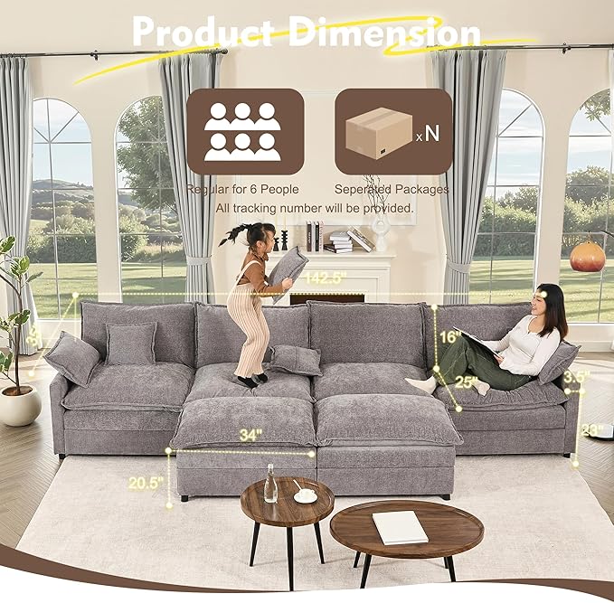 142.5" U Shaped Couch, Modular Sectional Sofa, 3-Seater Comfy Cloud Couch with Movable Ottoman, Deep Seat Couches for Living Room, Chenille, Slate-HomvellaHome