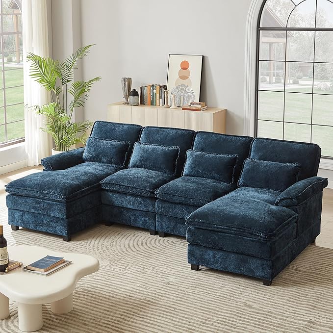 113" Oversized Cloud Couch, U Shape Sectional 4 Seat Sofa with Double Chaises, 2 Layer Cusions, Deep Seat Comfy Sofa, Upholstery Chenille Fabric for Living Room, Blue-HomvellaHome