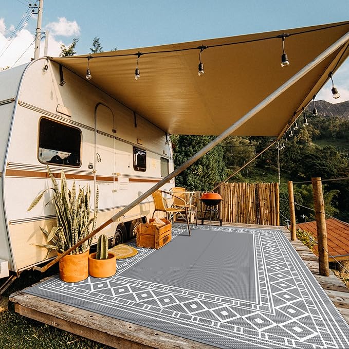 GENIMO Outdoor Rug Waterproof Area 10'x14' for Patio, Foldable Reversible Plastic Straw Carpet for Travel Trailers, Outside Mat for Rv, Deck, Picnic, Porch, Camper, Balcony, Beach, Grey & White-HomvellaHome