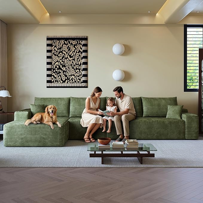 108" Sectional Couches for Living Room Modern Modular Sofa with L-Shape Couchs Upholstered Boneless Couch Deep Seat Sectional Couch with Chaise (Green, Left Facing Chaise+3Seaters)-HomvellaHome