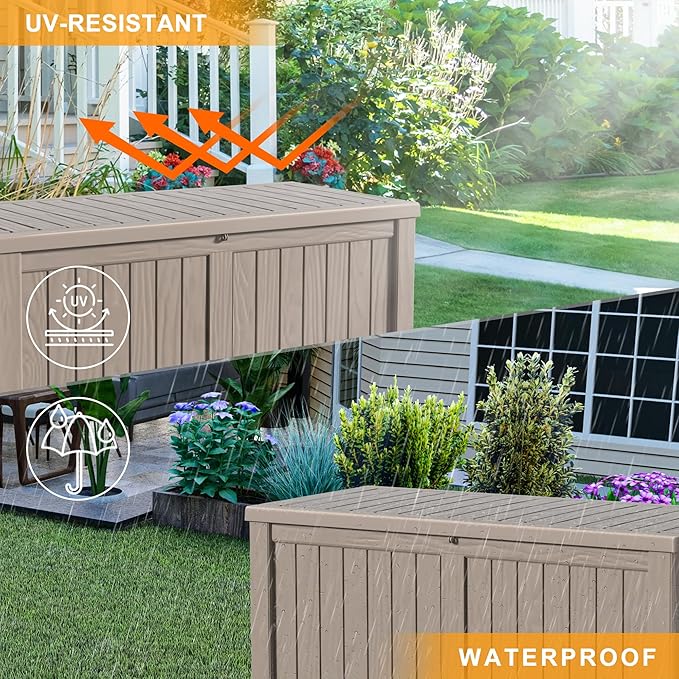 120 Gallon Outdoor Deck Box,Storage Lockable Waterproof Patio Furniture,Garden Tools,Cushions,Pool Accessories Outside Storage Resin Box(Grey)-HomvellaHome