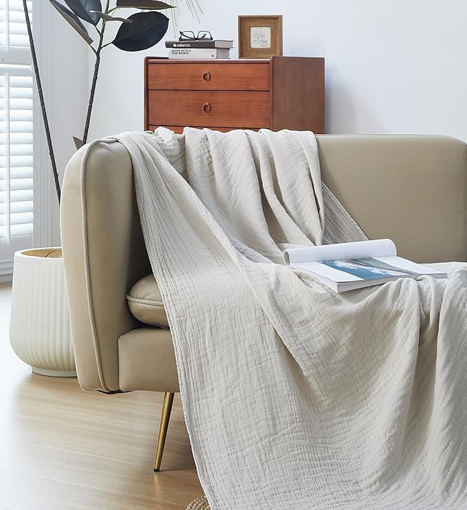 100% Cotton Muslin Throw Blanket for Bed, Couch, Small, Decorative, Soft, Pre-Washed, Breathable and Lightweight Gauze Blanket with Fringes, Suitable for All Seasons, Linen Grey, 50"x60"-HomvellaHome