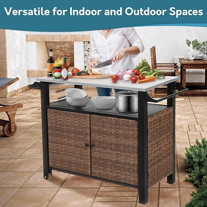 Grill Cart Outdoor with Wheels, Outdoor Prep Table with Wicker Storage and Rolling Wheels, Kitchen Island Serving Cart with Stainless Steel Table Top for BBQ, Porch, Patio, Brown-HomvellaHome