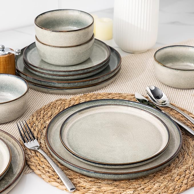 GBHOME Ceramic Dinnerware Sets for 8, 24 Pieces Stoneware Plates and Bowls Sets, Scratch Resistant Dishes, Dishwasher & Microwave Safe, Reactive Glaze-Green Wheat-HomvellaHome