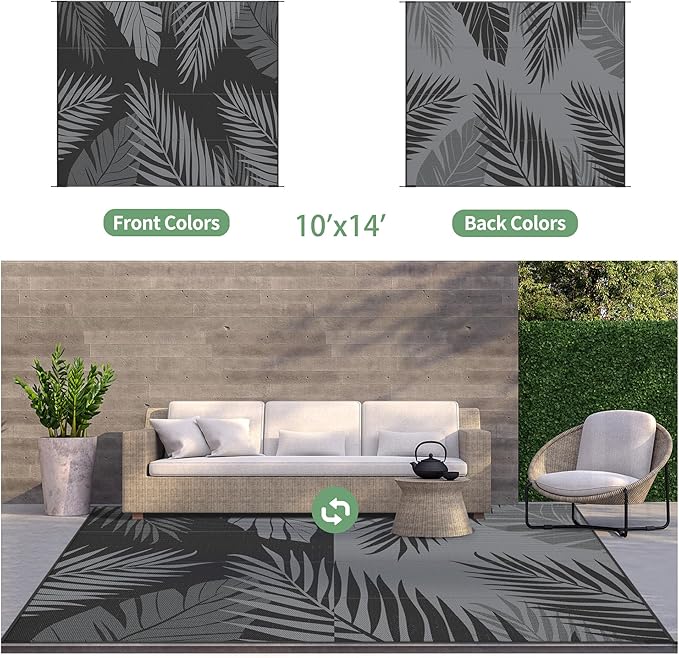 GENIMO Outdoor Rug 10' x 14' Waterproof for Patios Clearance, Reversible Outdoor Plastic Straw Camping Rug Carpet, Large Area Rugs Mats for RV, Camper, Deck, Balcony, Porch, Beach, Picnic, Black&Grey-HomvellaHome