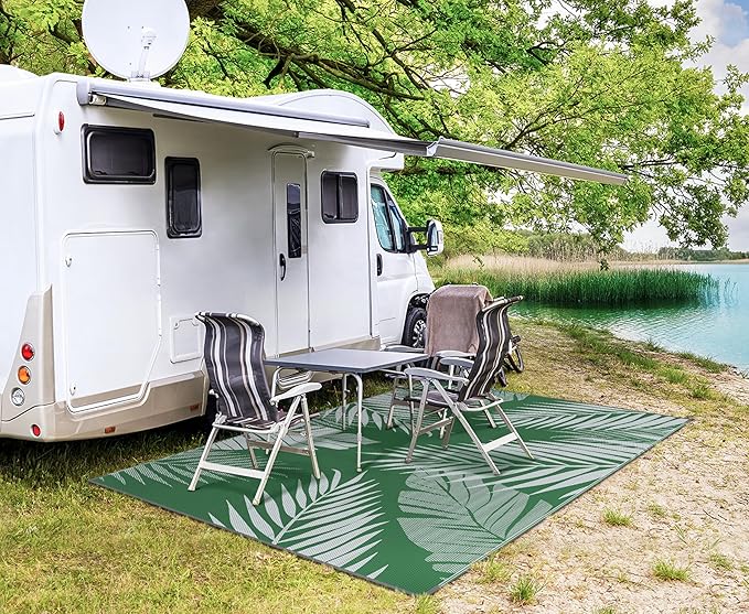 GENIMO Outdoor Rug 6' x 9' Waterproof for Patios Clearance, Reversible Plastic Straw Camping Carpet, Large Area Rugs Mats for RV, Picnic, Backyard, Deck, Balcony, Porch, Beach, Green&Grey-HomvellaHome