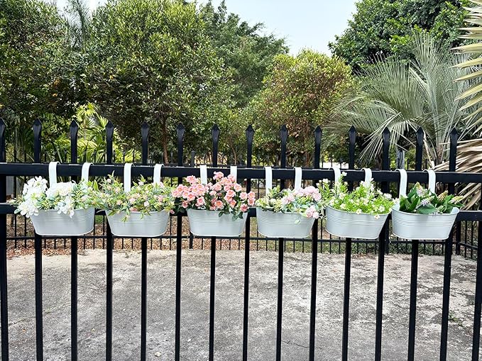 10" Hanging Flower Pots, Pack of 4 White Metal Outdoor Patio Balcony Planter, Railing Planters Fence Pot with Detachable Hook & Drainage Hole for Small Plants (White, 4Pcs)-HomvellaHome