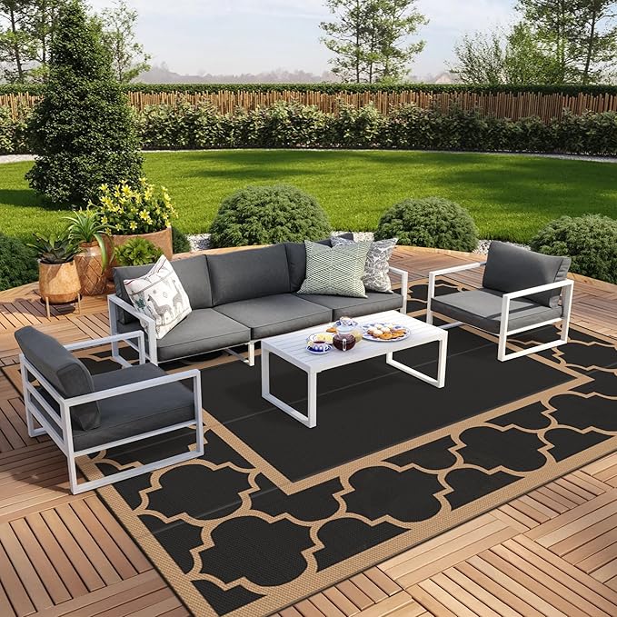 GENIMO 10 ' x 14 ' Outdoor Rug Waterproof for Patio Decor, Foldable Reversible Plastic Straw Area Rugs Mat for Camper, Outside Carpet for Rv, Deck, Porch, Picnic, Beach, Balcony, Black & Brown-HomvellaHome