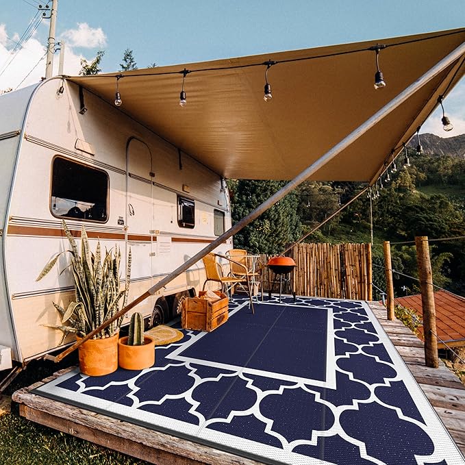 GENIMO 10' x 14' Outdoor Rug Waterproof for Patio, Foldable Reversible Plastic Straw Area Rugs Mat for Rv Decor, Outside Carpet for Camper, Deck, Picnic, Beach, Balcony, Porch, Blue & White-HomvellaHome