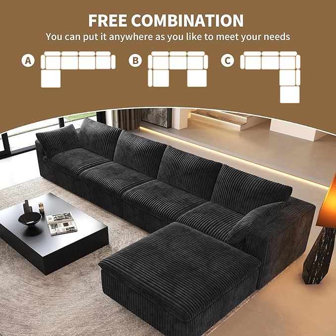 157.5" L Shaped Modern Sofa Modular Sectional Cloud Couch with Ottoman,Deep Seat Upholstered Couches with Corduroy Fabric for Living Room Furniture,Bedroom and Apartment,No Assembly Required,Black-HomvellaHome