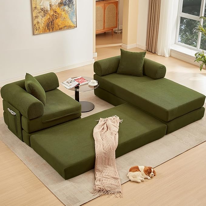 107" Oversized Convertible Sleeper Sofa Bed, Corduroy L Shape Sectional Couch, Folding Sofa Bed with Side Pocket, Modern Cloud Floor Mattress Couch, Modular Sofa for Living Room, Green-HomvellaHome