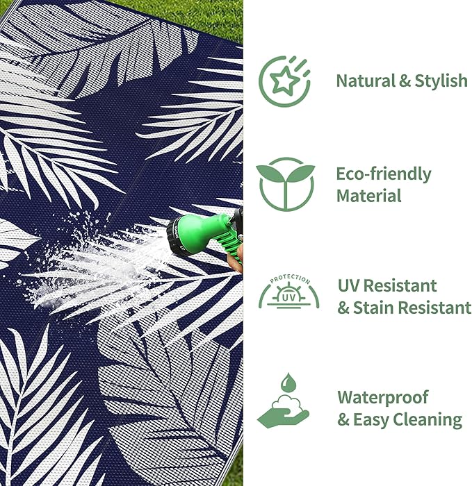 GENIMO Outdoor Rug 3' x 5' Waterproof for Patios Clearance, Reversible Outdoor Plastic Straw Camping Rug Carpet, Large Area Rugs Mats for RV, Camper, Deck, Balcony, Porch, Beach, Navy Blue&White-HomvellaHome