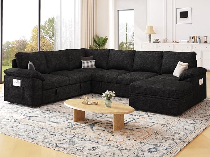 108 Inch Modular Sectional Sofa with Pull Out Bed,U Shaped 7 Seat Sectional Sleeper Sofa with Storage,Sectional Couches for Living Room,Cloud Modular Couch,Removable Sofa Cover,Black-HomvellaHome