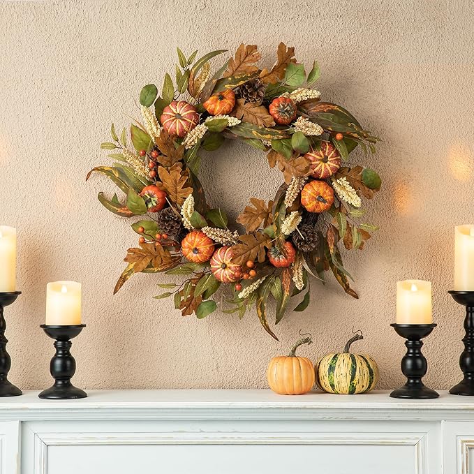 Glitzhome 24''D Fall Pumpkin Leaf Floral Wreath Decor, Artificial Harvest Door Wreath for Autumn or Thanksgiving Decoration-HomvellaHome