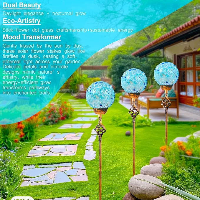 Garden Solar Lights, Decorative LED Honeycomb Glass Ball Garden Stake, Glass and Metal Outdoor Decoration, 4 x 31 Inch (Light Blue)-HomvellaHome