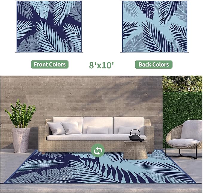 GENIMO Outdoor Rug 8' x 10' Waterproof for Patios Clearance, Reversible Outdoor Plastic Straw Camping Rug Carpet, Large Area Rugs Mats for RV, Camper, Deck, Balcony, Porch, Beach, Navy Blue&Baby Blue-HomvellaHome