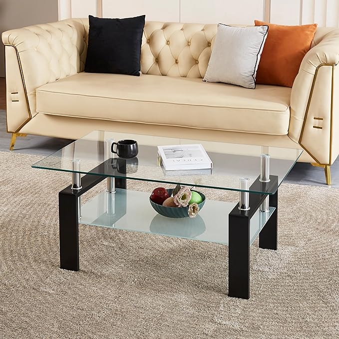 Glass Coffee Table for Living Room, 2 Layer Center Table with Clear Rectangle Tempered Glass Top Black Metal Leg, Mordern Home Office Furniture-HomvellaHome