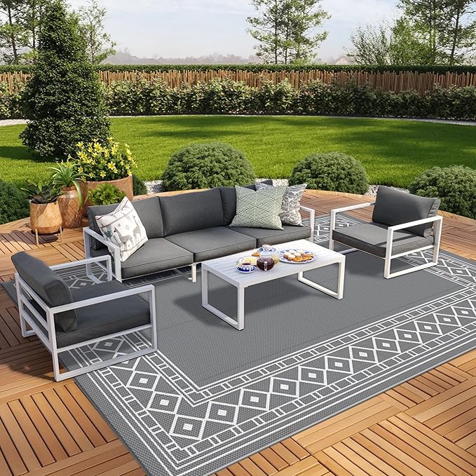 GENIMO Outdoor Rug Waterproof for Patio, 9'x12' Reversible Plastic Straw Outdoor Carpet, Camping Outside Mat for Outdoor Decor, RV, Deck, Camper, Balcony, Picnic, Grey & White-HomvellaHome