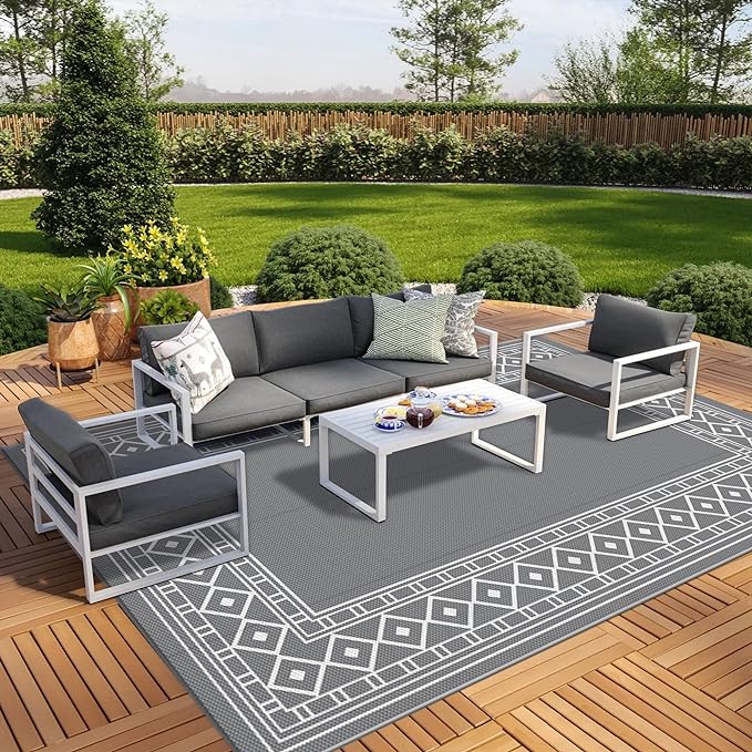 GENIMO Outdoor Rug Waterproof Area 10'x14' for Patio, Foldable Reversible Plastic Straw Carpet for Travel Trailers, Outside Mat for Rv, Deck, Picnic, Porch, Camper, Balcony, Beach, Grey & White-HomvellaHome